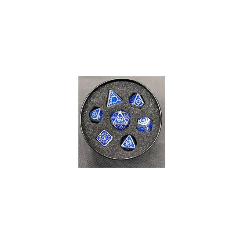 SET DE DES METAL DANS BOX ENGRENAGE BLEU ARGENT SET DE DES METAL DANS BOX ENGRENAGE BLEU ARGENT