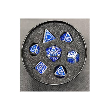 SET DE DES METAL DANS BOX ENGRENAGE BLEU ARGENT