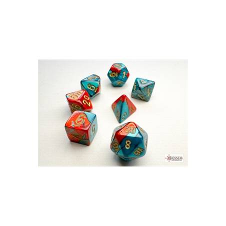 MINI SET DE 7 DES GEMINI ROUGE-CYAN/OR