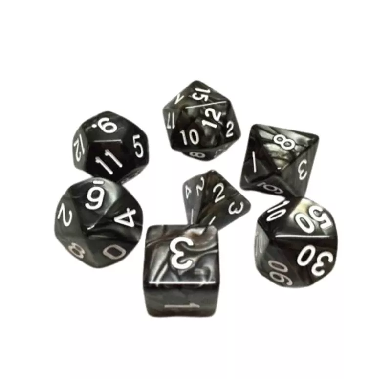 SET DE 7 DES – 16MM - NOIR NACREDES & BOURSES Lot de 7 dés noirs na...