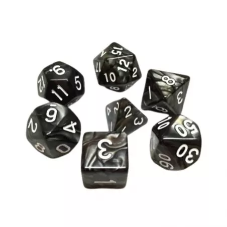SET DE 7 DES – 16MM - NOIR NACREDES & BOURSES Lot de 7 dés noirs na...