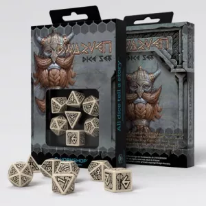 DWARVEN BEIGE & BLACK DICE SETDES & BOURSES Set des dès dwarven aux...