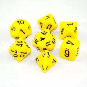 SET COMPLET 7 DÉS OPAQUE JAUNE/NOIRDES & BOURSES