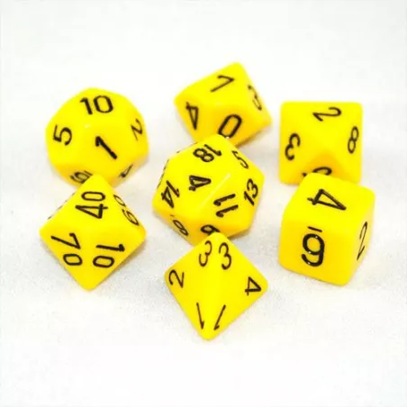SET COMPLET 7 DÉS OPAQUE JAUNE/NOIRDES & BOURSES
