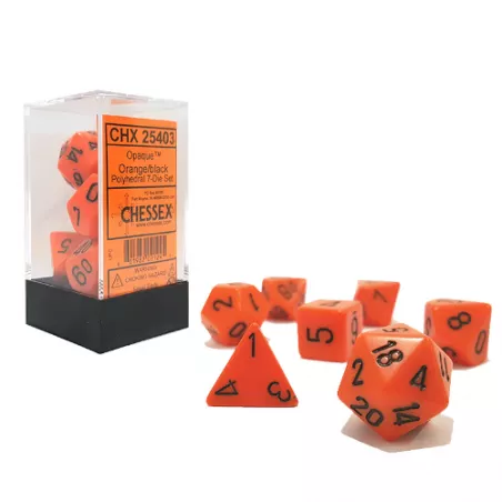SET COMPLET 7 DÉS OPAQUE ORANGE/NOIRDES & BOURSES
