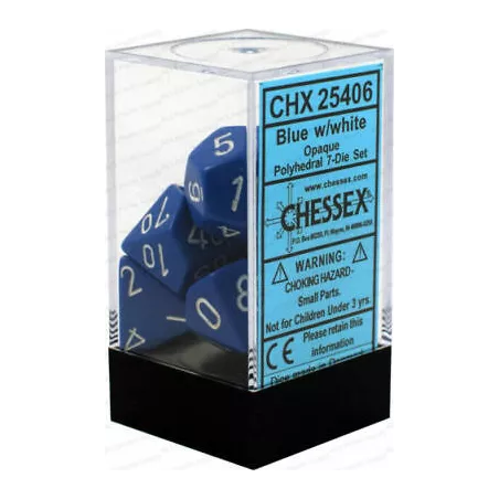 SET COMPLET 7 DÉS OPAQUE BLEU/BLANCDES & BOURSES