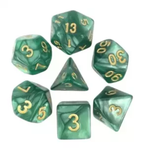 SET DE 7 DES â 16MM - VERT NACRE ET OR