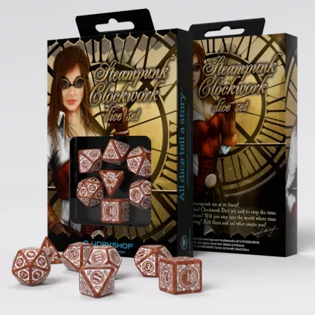 SET DE DES STEAMPUNK CLOCKWORK : CARAMEL ET BLANC